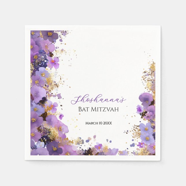 Serviette En Papier Batz Mitzvah Fleurs Violet et Or (Devant)