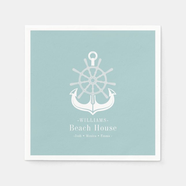 Serviette En Papier Beach House Turquoise Nom de famille Ancre (Devant)