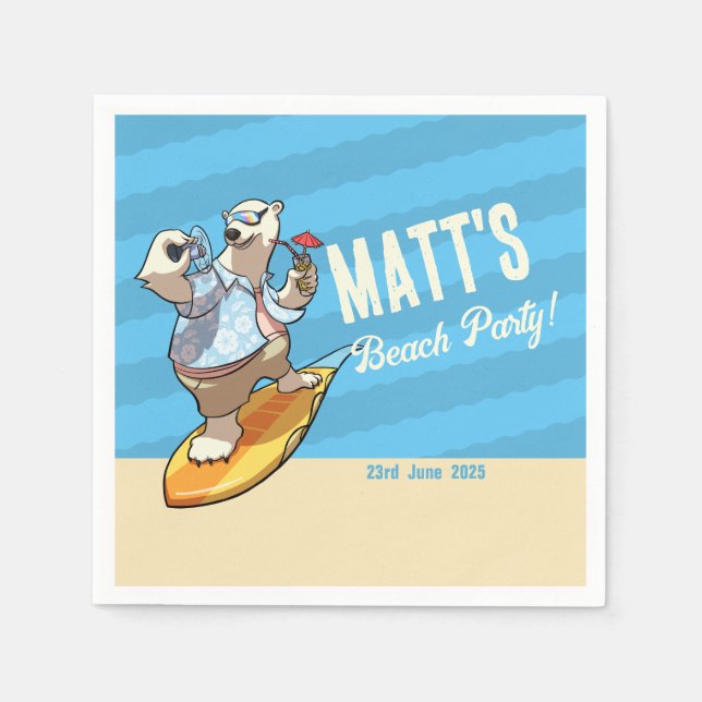 Serviette En Papier Beach Party Ajouter Votre Nom Cool Surf Ours polai (Devant)