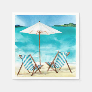 Serviette En Papier Beach Scene avec deux transats et parasol
