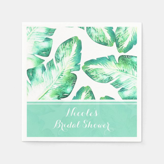 Serviette En Papier Beachy White & Green Tropical Feuille Mariage (Devant)