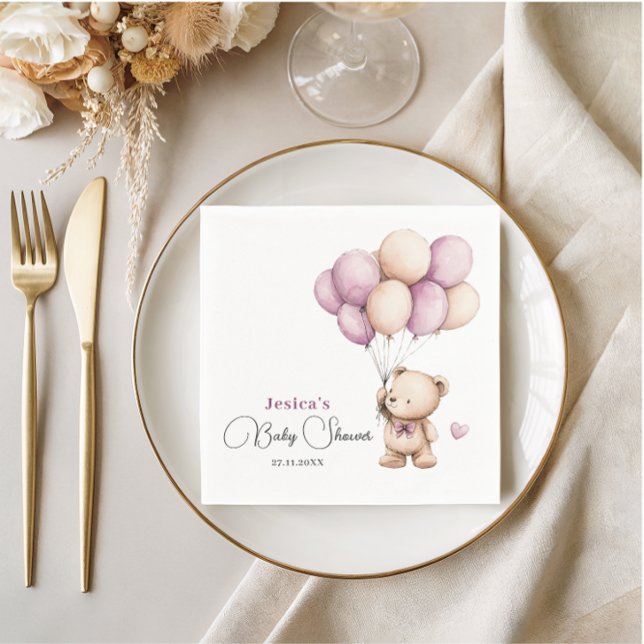 Serviette En Papier Bear Balloons Pastel Purple Baby shower (Créateur téléchargé)
