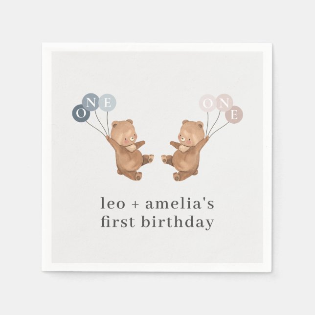 Serviette En Papier Bear Boy Girl Twins - Joint 1er Anniversaire (Devant)