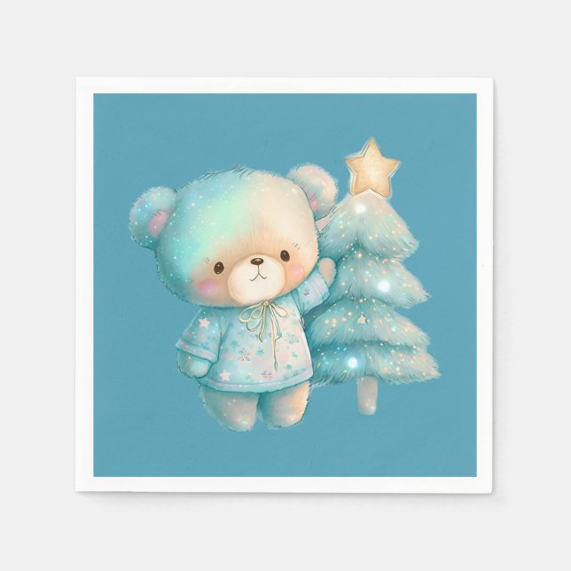 Serviette En Papier Bear mignonne et sapin de Noël Turquoise (Devant)