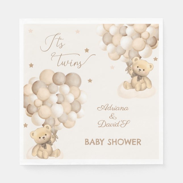 Serviette En Papier Bear Twins Genre Neutre Baby shower Beige Brown (Devant)