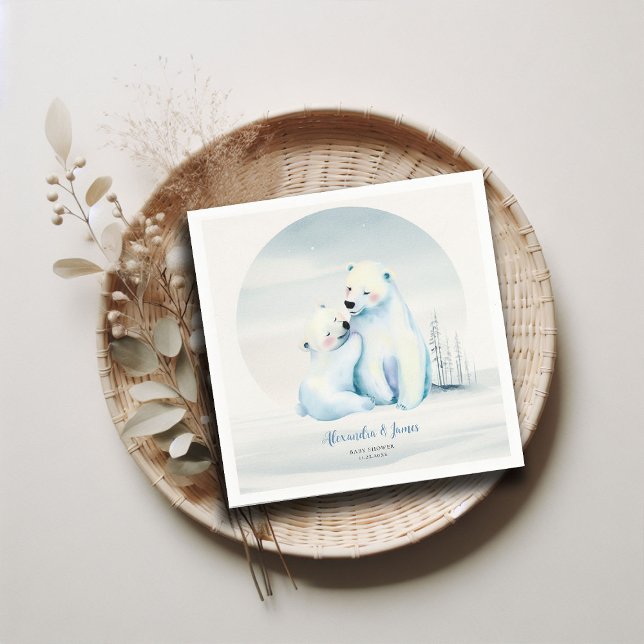 Serviette En Papier Bearly Wait Polar Mama Oear Cub Bébé Garçon Douche (winter boy baby shower bearly wait polar bear mama cub watercolor cute adorable love napkin custom)