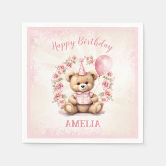 Serviette En Papier Béary 1er anniversaire Pink Teddy Papier