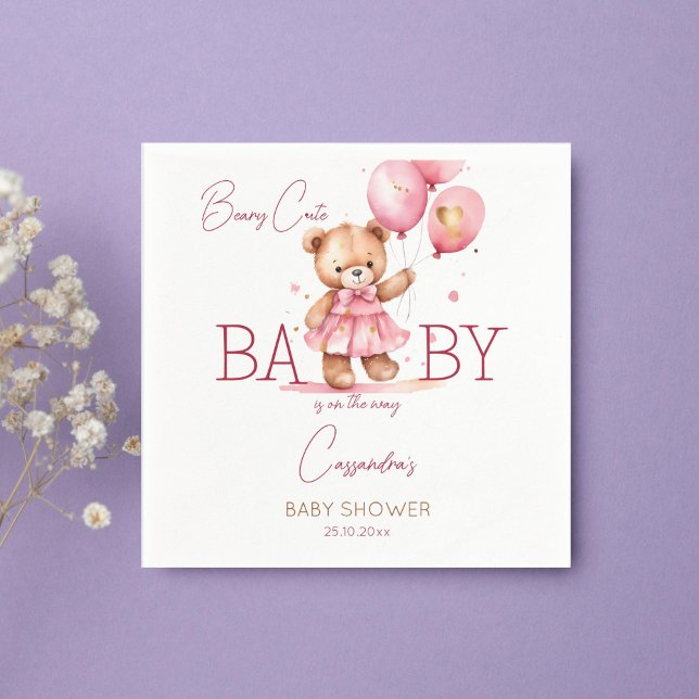 Serviette En Papier Beary jolie fille en peluche ours baby shower vais (Beary cute teddy bear girl baby shower tableware personalized template napkins cute teddy with dress)