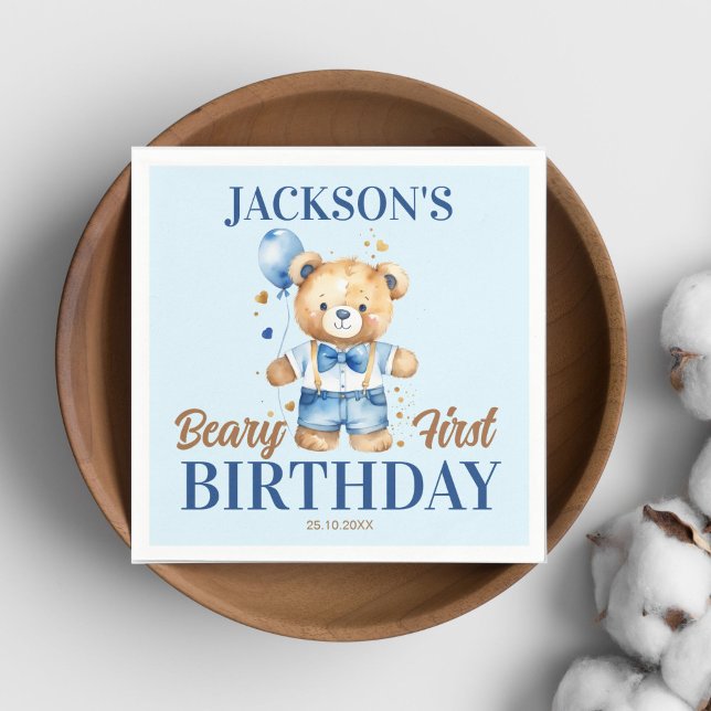 Serviette En Papier Béary premier garçon anniversaire mignon peluche b (Beary first birthday teddy bear party tableware personalized napkins cute teddy with denim shorts )