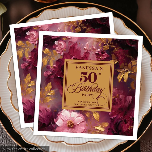 Serviette En Papier Beau Boho Maroon Blush Gold 50e Anniversaire Napki (Lovely Boho Maroon Blush Gold 50th Birthday Napkin)