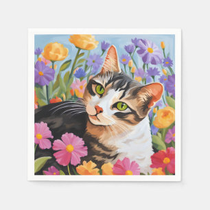 Serviette En Papier Beau chat avec fleurs