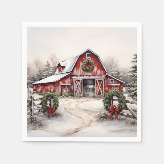 Serviette En Papier Beau hiver neigeux Rustic Red Grange Noël (Devant)