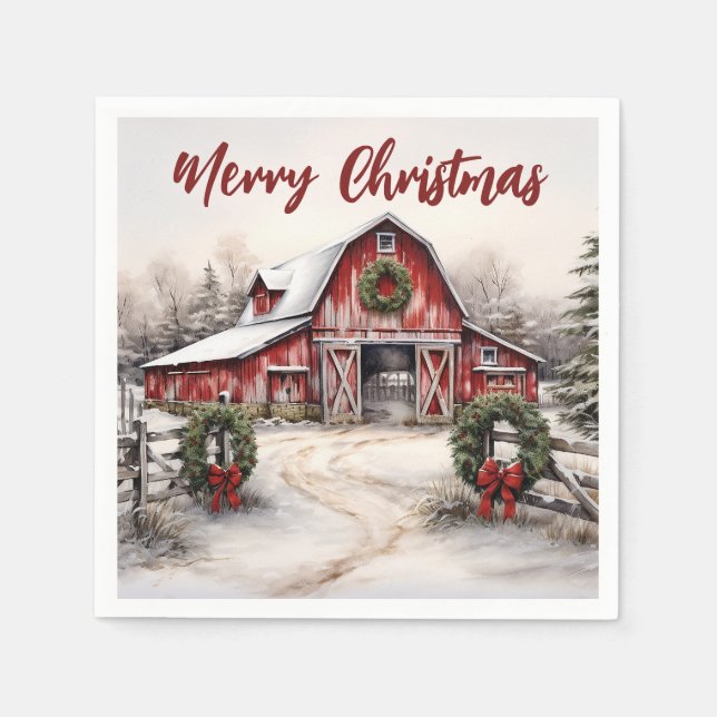 Serviette En Papier Beau hiver neigeux Rustic Red Grange Noël (Devant)