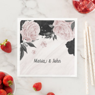 Serviette En Papier Beau marbre noir & rose fleurs