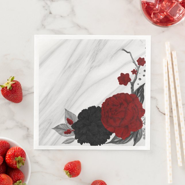 Serviette En Papier Beau marbre noir & rouge fleurs (En situation)