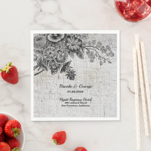 Serviette En Papier Beau Mariage Fleurs Noir/Gris