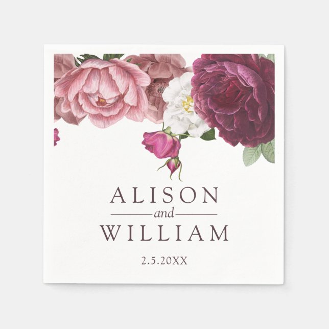 Serviette En Papier Beau Mariage Floral Bourgogne (Devant)