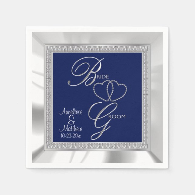 Serviette En Papier Beau Mariage Royal Bleu, Argent & Blanc Satin (Devant)