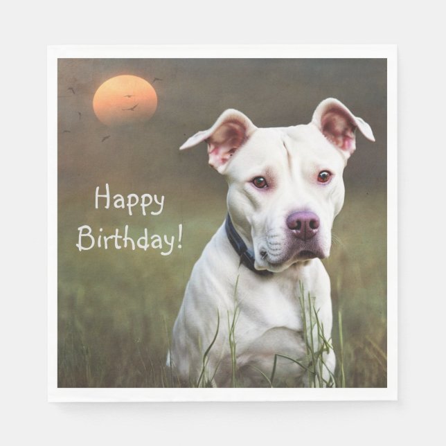 Serviette En Papier Beau Pitbull blanc anniversaire (Devant)