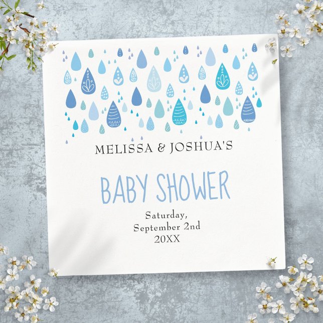 Serviette En Papier Beau Raindrops Couples Baby shower Saupoudrer (Cute Blue Raindrops Couples Baby Shower Sprinkle Napkins)