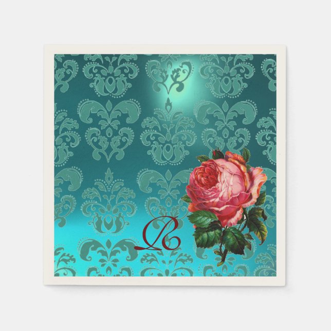 SERVIETTE EN PAPIER BEAU ROSE ROSE ROSE, TURQUOISE BLEU DAMASK MONOGRA (Devant)