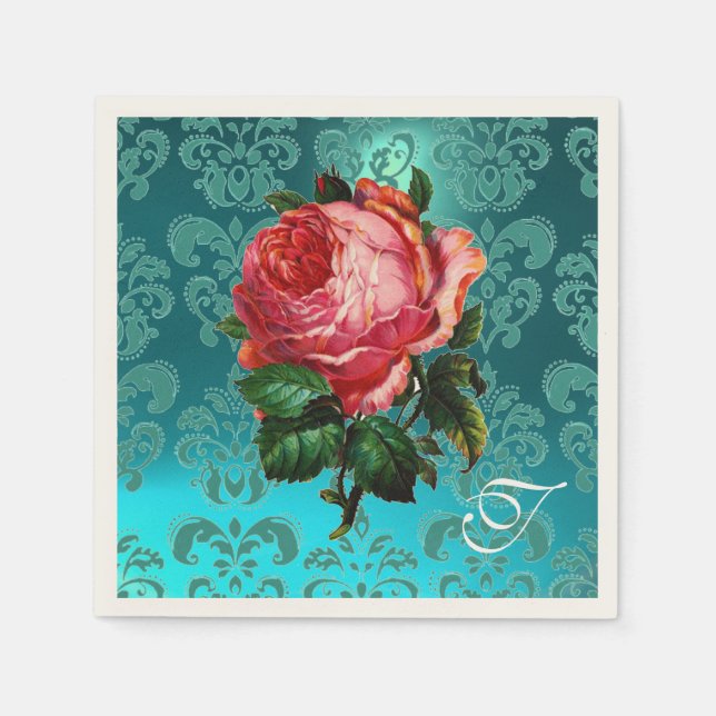 SERVIETTE EN PAPIER BEAU ROSE ROSE ROSE, TURQUOISE BLEU DAMASK MONOGRA (Devant)