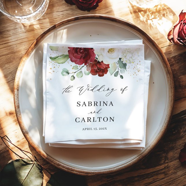 Serviette En Papier Beau Rouge Blanc Floral Or Mariage Confetti (Créateur téléchargé)