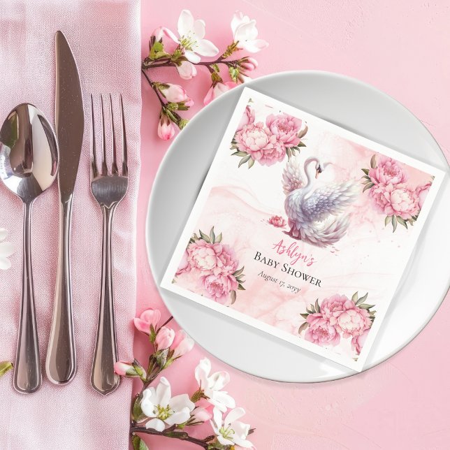 Serviette En Papier Beau Swan rose Floral Baby shower fille (Beautiful Swan Pink Floral Peonies Girl Baby Shower Paper Napkins)