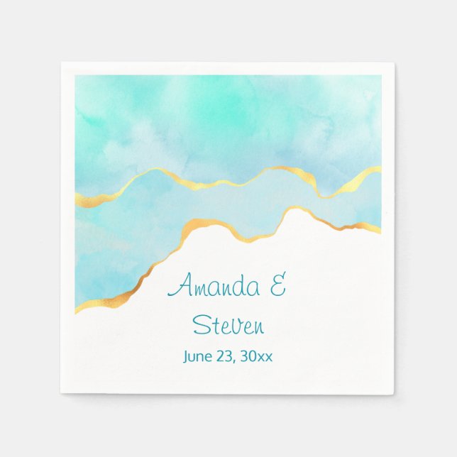 Serviette En Papier Beau Tropical Vert Bleu avec bordure or (Devant)