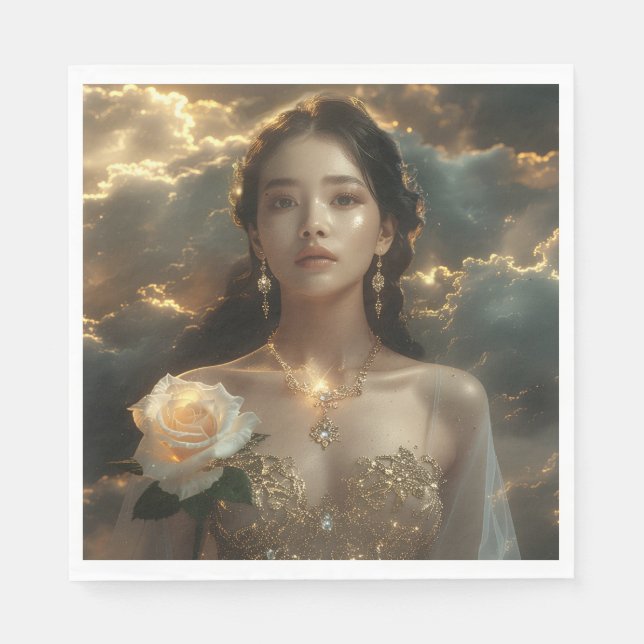 Serviette En Papier Beauté asiatique avec rose blanche (Devant)