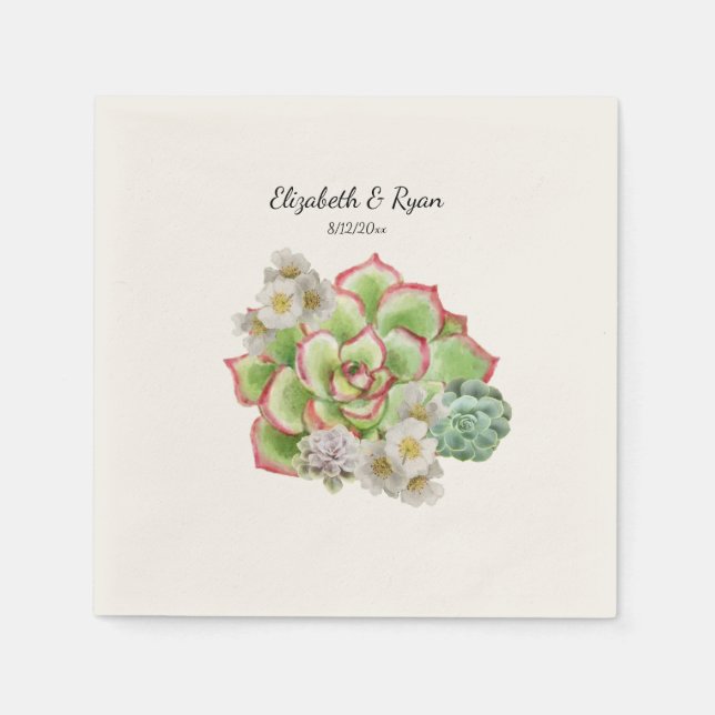 Serviette En Papier Beaux Succulents Fleurs Blanches Mariage, (Devant)