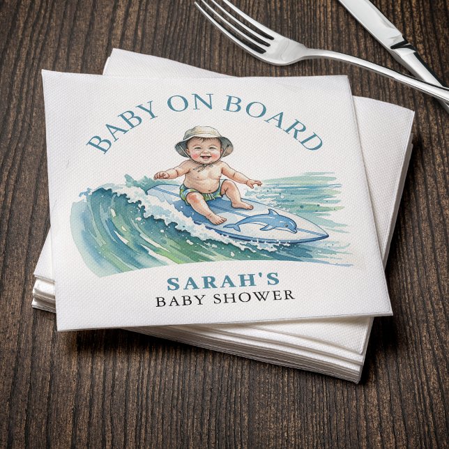 Serviette En Papier Bébé à bord Baby shower de surf aquarelle (Baby on Board Watercolor Surfing Baby Shower Napkins
)