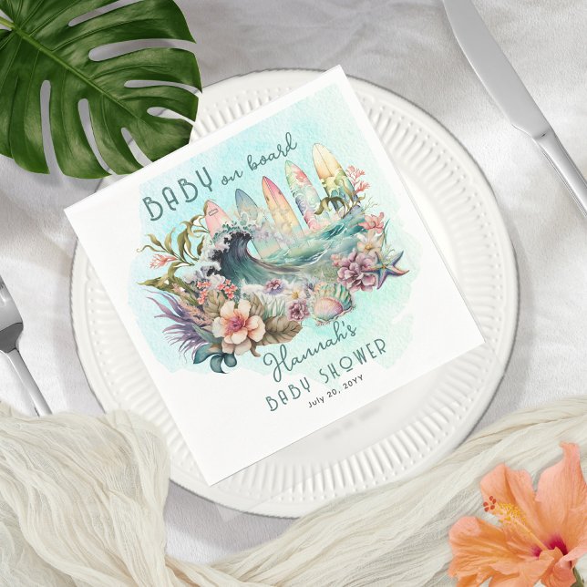 Serviette En Papier Bébé à bord Baby shower floral de surf tropical (Créateur téléchargé)