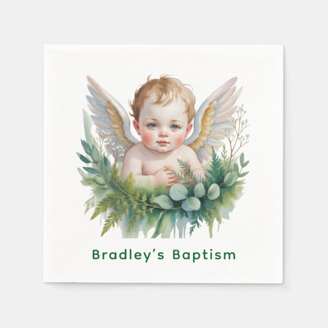 Serviette En Papier Bébé ange à l'aquarelle avec baptême de verdure  (Devant)