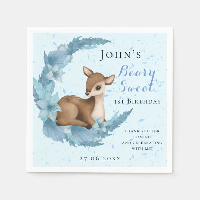 Serviette En Papier Bébé Bambi & Fleurs Lune Poussière bleu Anniversai (Devant)