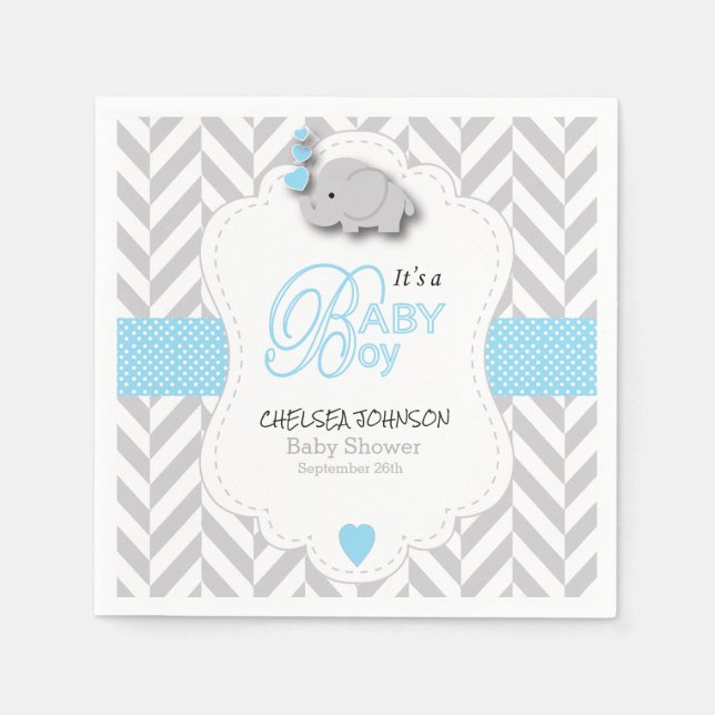 Serviette En Papier Bébé bleu, blanc gris éléphant Baby shower (Devant)