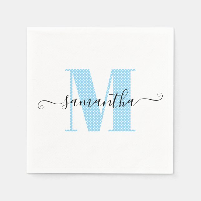 Serviette En Papier Bébé bleu et blanc à pois monogramme (Devant)