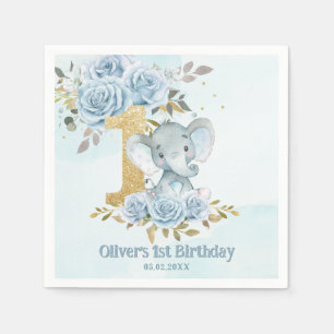 Serviette En Papier Bébé bleu floral éléphant mignon garçon 1er annive