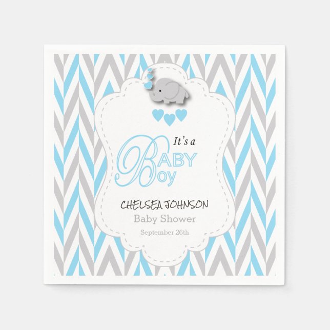 Serviette En Papier Bébé Bleu, Gris Blanc Eléphant Baby shower 2 (Devant)