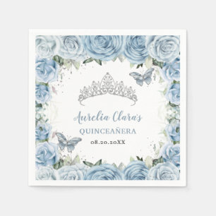 Serviette En Papier Bébé Bleu Papillons Floraux Tiara QUINCEAÑERA