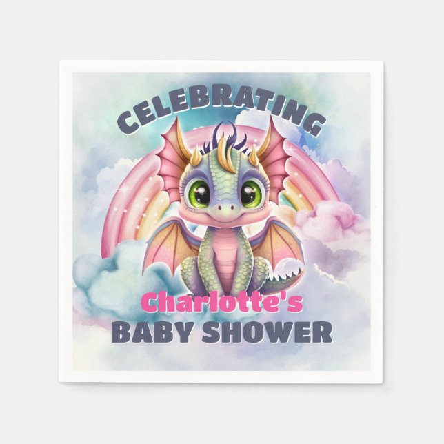 Serviette En Papier Bébé Dragon Rose Fête Prénatale (Devant)
