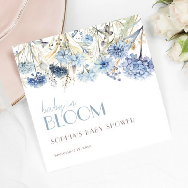 Serviette En Papier Bébé DUSTY en Fleur Bleu Beige Baby shower élégant (Créateur téléchargé)
