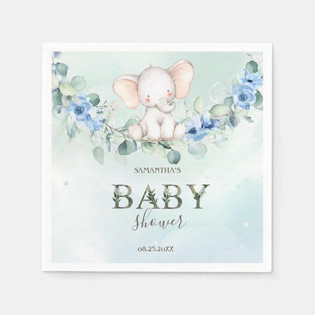 Serviette En Papier Bébé éléphant mignon Roses bleues (Devant)