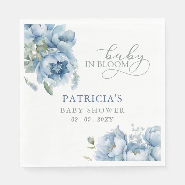 Serviette En Papier Bébé en Fleur bleu Baby shower Floral Garçon (Devant)