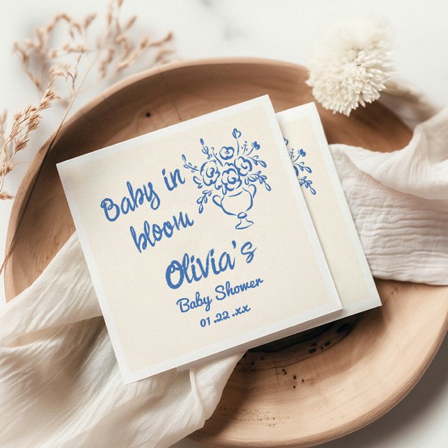 Serviette En Papier Bébé En Fleur Bleu Main Tirée Baby shower Floral (Créateur téléchargé)