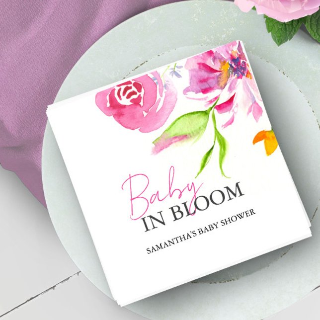 Serviette En Papier Bébé en fleurs Douche Fleurs aquarelles (Baby in bloom baby shower napkin pink watercolor florals by Victoria Grigaliunas Do Tell A Belle)