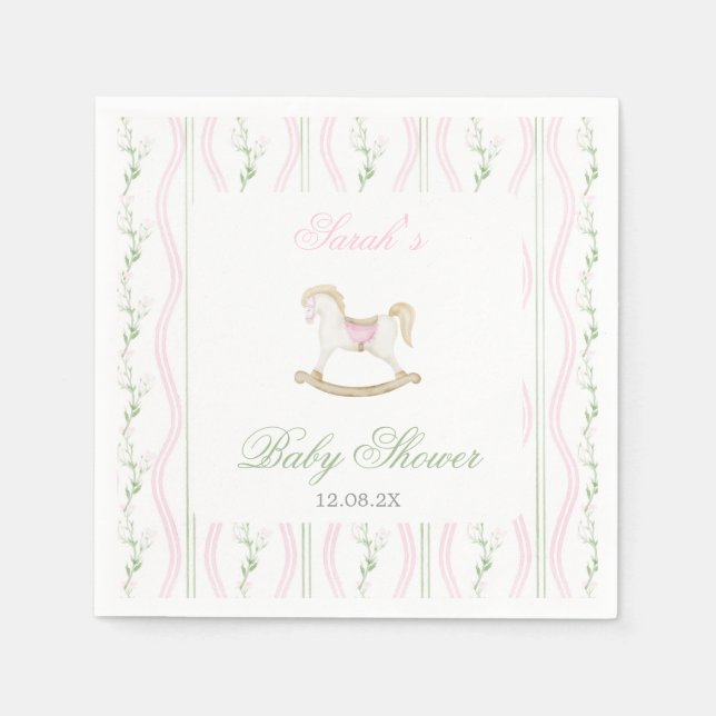 Serviette En Papier Bébé fille à la douche avec un cheval à bascule (Devant)