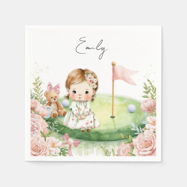 Serviette En Papier Bébé fille golfeuse sur vert de putting (Devant)