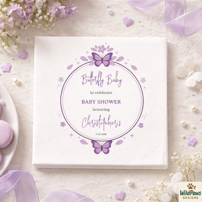 Serviette En Papier Bébé Fille Papillon Violet Célébration de Naissanc (Purple Butterfly Baby Girl Baby Shower Napkins
)