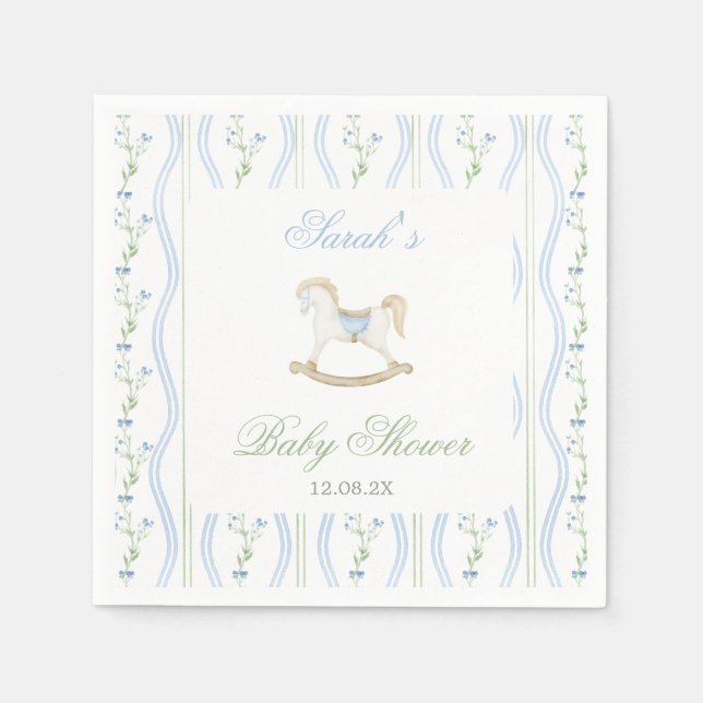 Serviette En Papier Bébé Garçon Baby Shower Cheval à Bascule (Devant)